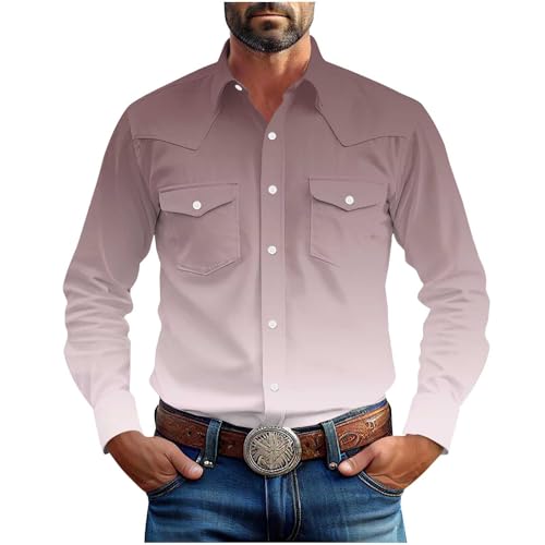 Mens Western Cowboy Shirts Button Down Long Sleeve Work Shirt Fall Casual Vintage Shirts Jacket with Two Pockets