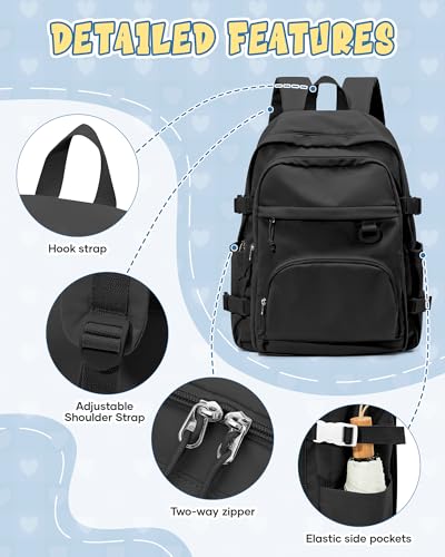 Image of Black Lightweight Backpack for College & High School Backpack With Lots of Pockets Cute School Bag for Girls Boys, Large Capacity Bookbag for Women Men, Waterproof Teens Casual Daypack Backpack