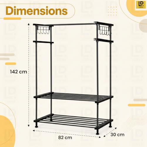 Image of LEOPAX Metal Clothes Rack with 2 Storage Shelves & 10 Hooks, Freestanding Cloth Stand, Garment Rack and Coat Hanger for Bedroom, Living Room & Entryway, Heavy Duty Clothing Organizer, Black