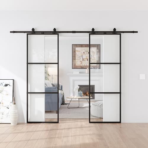 84 x 84 in Metal and Glass Sliding Double Barn Door with Installation Hardware Kit (Soft-Close Included)