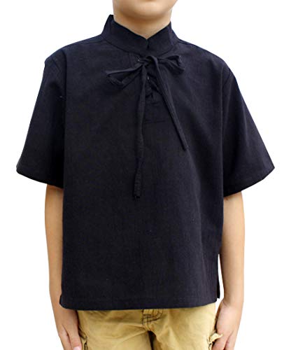 Image of Childrens Chinese Collar Renaissance Tie Chest Short Sleeve Cotton Shirt