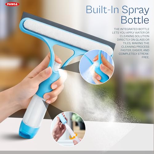 Image of PANCA 3-in-1 Window Cleaning Wiper Spray Squeegee with Built-in Scrubber, Multipurpose Glass Cleaner Wiper for Window Mirror Kitchen Platform Bathroom Tiles Car Windshield Cleaning Tool