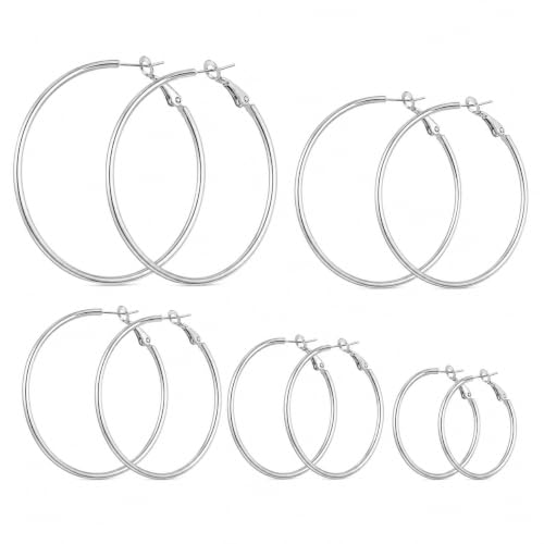Image of 5 Pairs Large Thin Silver Hoop Earrings for Women, Large Hoops Earrings