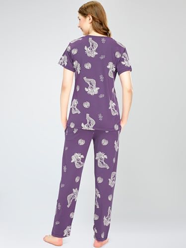 Image of ZEYO Night Suit for Women's Floral & Cheetah Printed Cotton Night Dress of Top and Pajama Set 5779