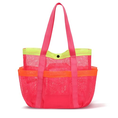Mesh Beach Bag, Foldable Waterproof Sandproof Beach Storage Tote with 6 Pockets, Swim Tropical Vacation Pool Essential