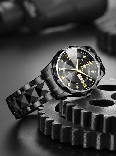 Image of Longbo Zenith Watch for Men Analog Quartz Dress Diamond Business Stainless Steel Watches Waterproof Luminous Date Luxury Men's Wristwatch | Birthday Gift For Men | Gift For Husband | Gift For Brother (Black Black)
