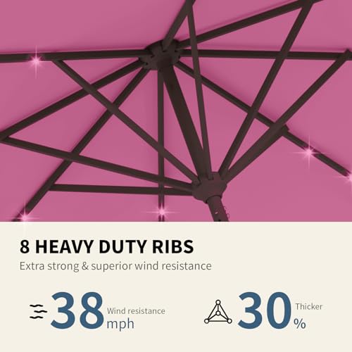 Image of 9FT Patio Umbrella with Solar Lights,Outdoor Market Umbrella with Tilt and Crank, LED Lighted Table Umbrella for Garden,Deck,Backyard,Pool,Beach (Rose Pink)