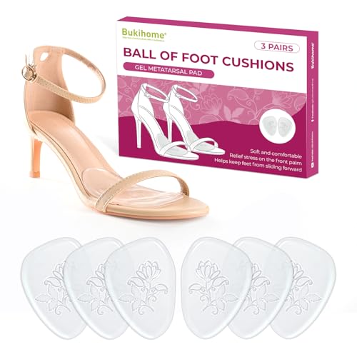 Bukihome Almohadillas Metatarsianas Ball of Foot Cushion - 3 pares plantillas metatarsalgia para el metatarso, Almohadillas antideslizantes para tacones altos, sandalias, bodas, fiestas(Clear)