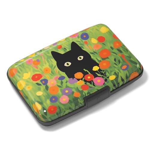 Image of Rimilak Aluminuml Credit Card Holder, Mini Credit Card Wallet RFID Blocking Slim Metal Hard Case for Women Men, Green Grass Cat