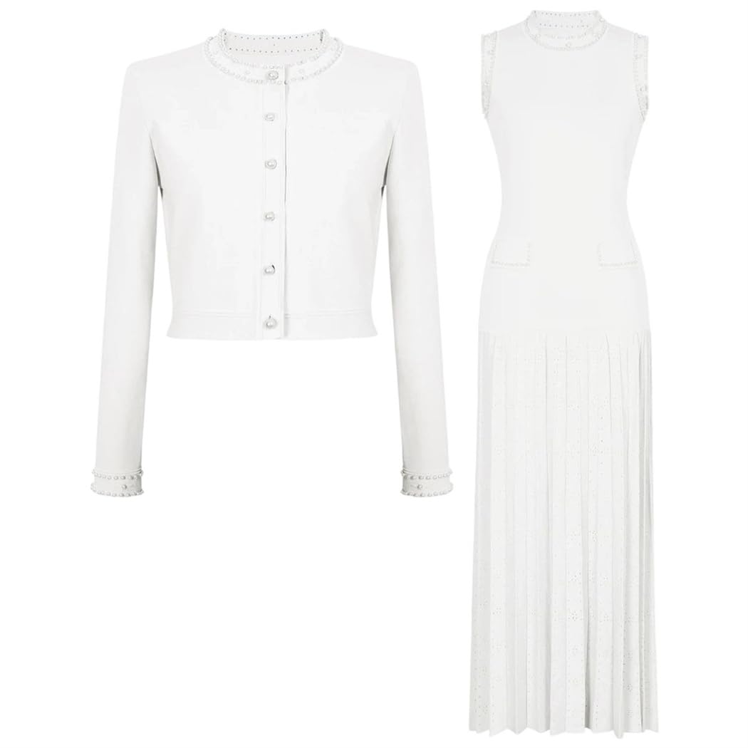 Womens Spring Set Pearl Long-Sleeve Cardigan with Slim Dress
