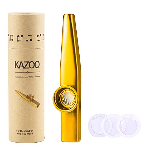 WANDIC Kazoo und 3 Membranflöten aus Aluminiumlegierung, mit Vintage-Geschenkbox,Gold, Instrument Profi Kazoo für Alle Altersgruppen, Guter Begleiter für Gitarre
