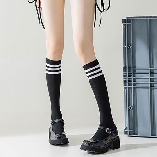 Athletic Knee High Socks for Women Cotton Casual Tube Socks Knit Stripes Thigh High Stockings Leg Warmer Outdoor Sport4