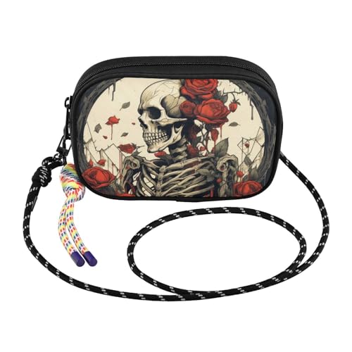 Skeleton Red Roses Black Crossbody Bag for Women Cell Phone Purses Women's Small Shoulder Handbags Wallet Purse with Strap