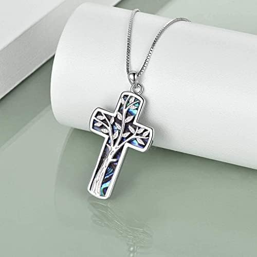 YAFEINI Cross Necklace Sterling Silver Family Tree of Life Religious Cross Pendant Necklace Jewelry Gifts for Women Mother Daughter Family Member