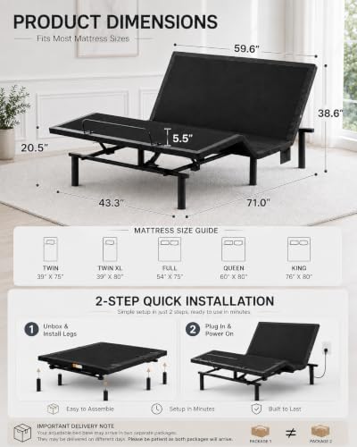 Image of Marsail Adjustable Bed Frame Queen with Mattress Set, Adjustable Bed Base