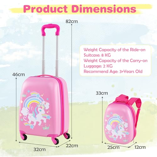 GYMAX 2Pc Kids Luggage Set, 12" & 16" Children Hand Trolley Case with 4 Spinner Wheels, Carry On Suitcase for Boys Girls Travel School (Pink) - Image 4