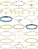 17KM 21PCS Gold Ankle Bracelets for Women, Boho Shell Bead Cuban Link Chain Waterproof Gold Anklets Set, Adjustable Layered Anklets for Women Beach Jewelry Gift