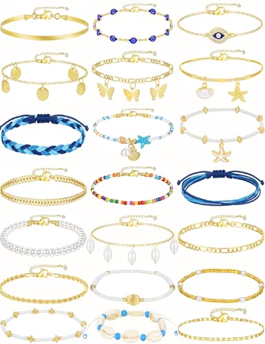 17KM 21PCS Gold Ankle Bracelets for Women, Boho Shell Bead Cuban Link Chain Waterproof Gold Anklets Set, Adjustable Layered Anklets for Women Beach Jewelry Gift