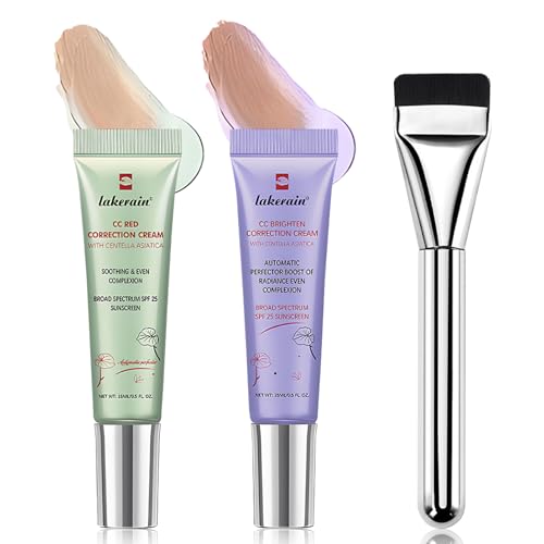 CC Red Correct Creme, Dull Correct Creme, mit Foundation Pinsel, Brighten Correction Cream mit Centella Asiatica, SPF 25, Reduziert Rötungen, gleicht den Hautton aus