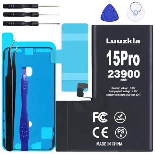 Luuzkla 23900mAh (New Upgrade) Battery Compatible with iPhone 15 Pro Super Capacity Battery Compatible with iPhone 15 Pro with Full Tool Kits-0 Cycle High Capacity (24-Month Service)