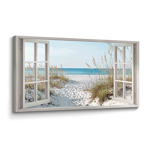 Window Beach Wall Art Prints: Modern Large Tropical Coastal Landscape Canvas Bedroom Blue Ocean Picture Relaxing Living Room Sea Scene Painting Horizontal Summer Seascape Artwork Decor