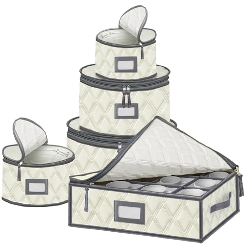 VERONLY 5 Pack China Storage Containers Set (Beige) - Sturdy Quilted Wine Glass & Dish Storage with...