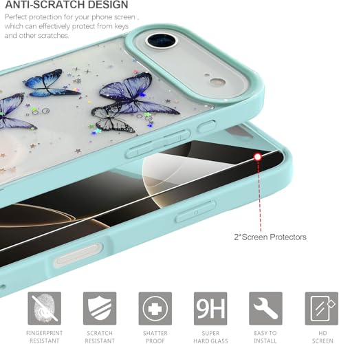 Image of VONZEE Glitter Butterfly Back Cover Case Compatible with iPhone 17 Air, Clear Cute Bling Sparkle Shiny Soft TPU Bumper Shockproof Women Girls Slim Protective for iPhone 17 Air|6.6 inch|Mint Green