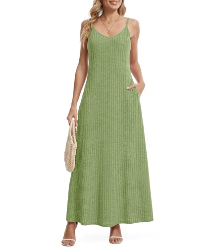 LILBETTER Women's Boho Maxi Dress Adjustable Strap V Neck Summer Sundress with Pockets(Green Small)