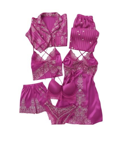 Image of Valentine's Day Printed Fancy Night Suit Bath Robe Dress Bra Panty Set Combo for Women's Pack of 7 Pcs Nightwear Lingerie Silk Wedding Set Gifts Lace Nightsuit Set (Free Size) Pink