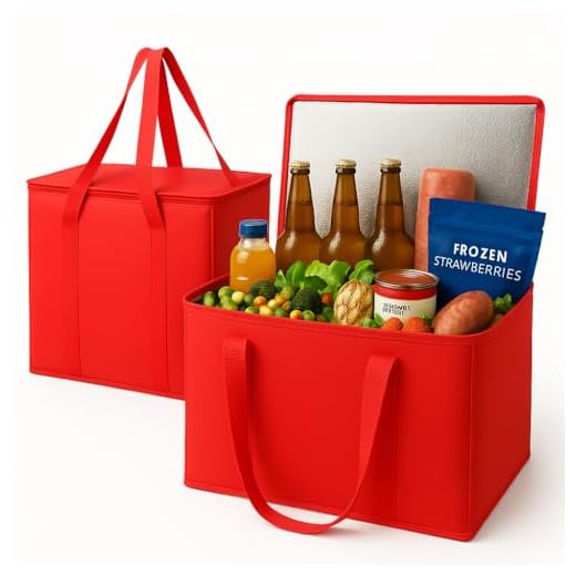 2-Pack XL-Large Insulated Grocery Shopping Bags, Red, Reusable, Heavy Duty, Zipped Zipper,Collapsible,Tote,Cooler,Groceries,for car,Recycled Material Warm Foldable Bag…