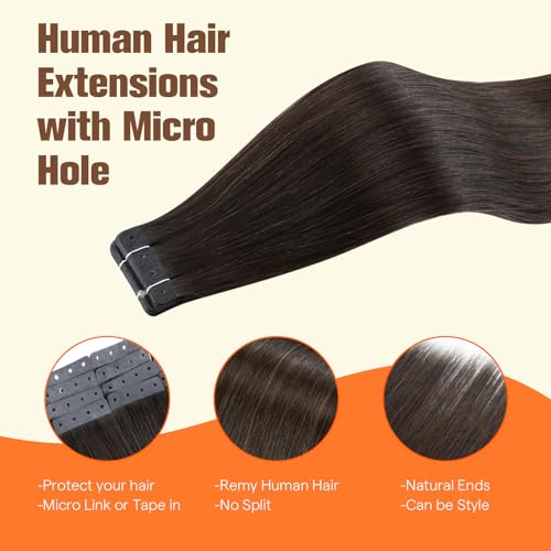 Image of Full Shine Holed Tape in Extensions, Darkest Brown 12 Inch | 30g 20 PCS, Invisible Tape Ins Human Hair Extensions, Remy Human Hair, Flat Fit, Easy Care, Casual Styling, Soft Movement