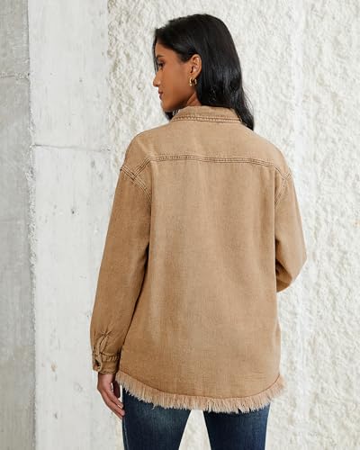 LookbookStore Jean Jacket Women Trendy Oversized Button Down Long Sleeve Frayed Hem Denim Shirt Jackets Distress Shacket3