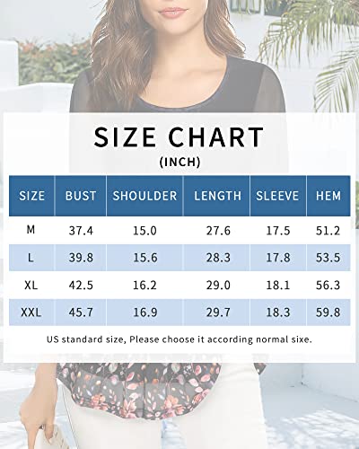 VALOLIA Women's 3/4 Sleeve Tunic Tops Casual Loose Fit Floral Blouses Mesh Pleated Layered Shirt