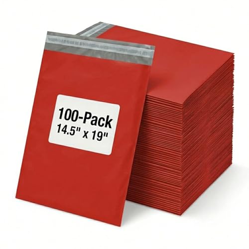 Image of BOX USA Shipping Bags 14 x 19 (100-Pack) Red - Large Heavy Duty Self-Adhesive Envelope Poly Mailers for Packing