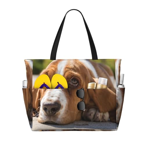Sac de plage Basset Hound grand volume avec poignées solides pour femme