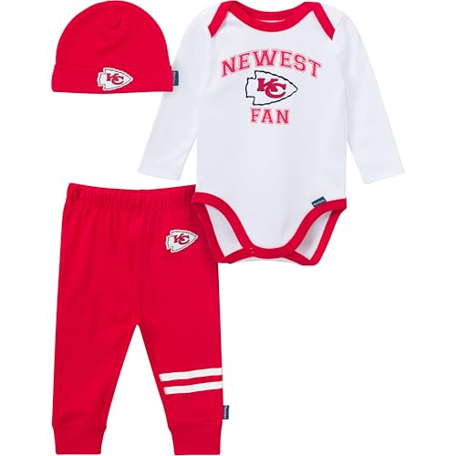 Gerber NFL Team Baby Boys 3-Piece Onesie Bodysuit Active Pant and Cap Set Chiefs 3-6 Months