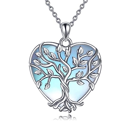 YAFEINI Moonstone Tree of Life Pendant Necklace - 925 Sterling Silver Heart Jewelry for Women