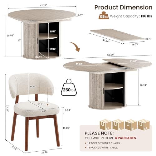 Image of MALOL 47 inch-63 inch Extendable Round to Oval Dining Room Table Chairs Set for 4-8, Modern Wooden Kitchen Table and Chairs with Hidden Storage and Fluted Design for Dining Room /Small Space(White and Beige)