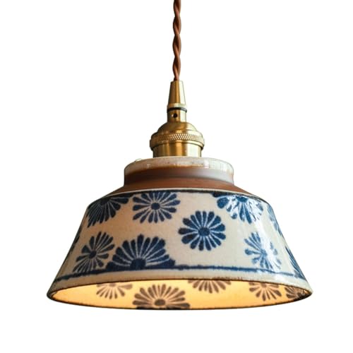 Lámpara colgante de cerámica artesanal, lámpara colgante floral azul y blanca pintada a mano, lámpara de techo ajustable de estilo rústico vintage con base de latón para isla de cocina, comedor, mesit