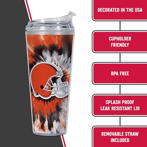 Image of Rico Industries NFL Football Cleveland Browns Metallic Tie Dye 24oz Metallic Acrylic Tumbler with Hinged Lid, Officially Licensed Double Wall Tumbler with Straw
