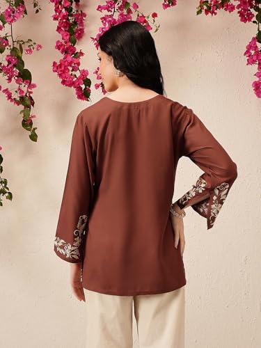 Image of QAZMI Women's Aari Embroidered Viscose Rayon V-Neck Full Sleeves Short Kurti