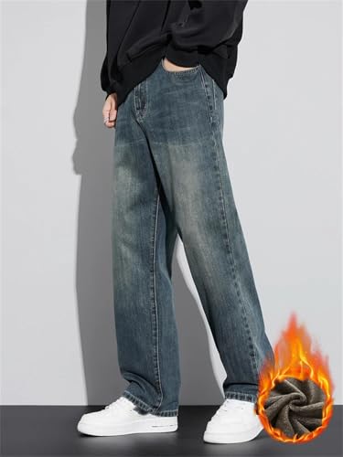 Men's Fleece Baggy Straight Jeans, Winter New Classic Vintage, Blue Wide Leg, Korean Fashion3