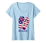 donna long island ny montauk - infradito da spiaggia con bandiera usa maglietta con collo a v