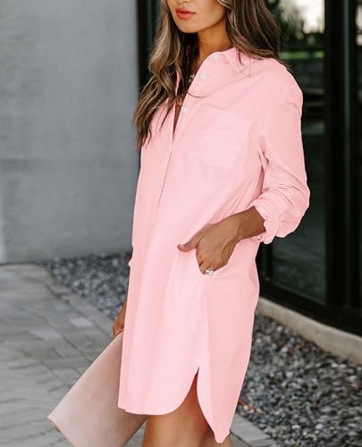 Image of Aoudery Womens Button Down Shirt Dresses with Pockets Cotton Button Up Tunics Long Sleeve Solid High Low Blouse Tops
