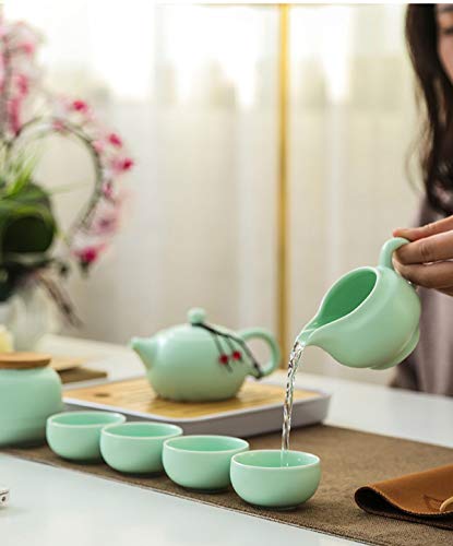 Hoobar® Ceramic Kungfu Tea Set,Portable Travel Tea Set With Teapot,Teacups,Tea Canister,Tea Funnel,Fair Cup,Tea Tray And Travel Bag,Suitable For Travel, Home,Outdoor And Office (Green) #TOP6