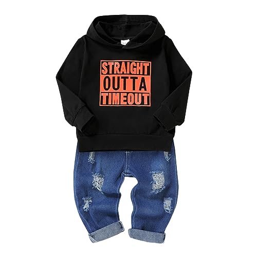 Image of YOUNGER TREE Toddler Baby Boy Fall Clothes Long Sleeve Hoodie Sweatshirts+Ripped Denim Pants Winter Outfits