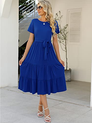 Image of Lyrur Women's Dresses Casual Summer Tiered Midi Dress Short Sleeve Belted Ruffle Babydoll Boho Sundress with Pockets