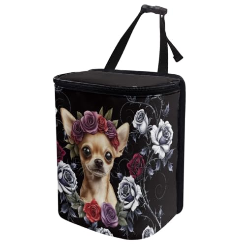 Image of Talayituse Chihuahua Rose Pattern Car Trash Can with Lid, Leak Proof Auto Trash Bag Hanging Vehicle Garbage Can Multipurpose Storage Container for Back Seat Road Trip