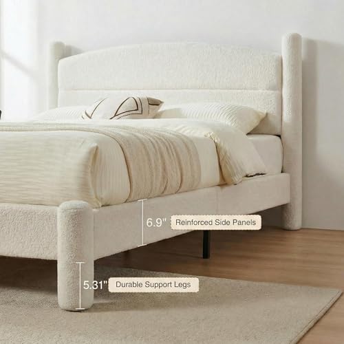 Garvee Boucle Queen Size Bed Frame, Upholstered Cloud Bed Platform with 4 Round Sturdy Legs, Noise Free & Wooden Slats Support, No Box Spring Needed, Easy Assembly Mattress Foundation - White by Garvee - Image 6