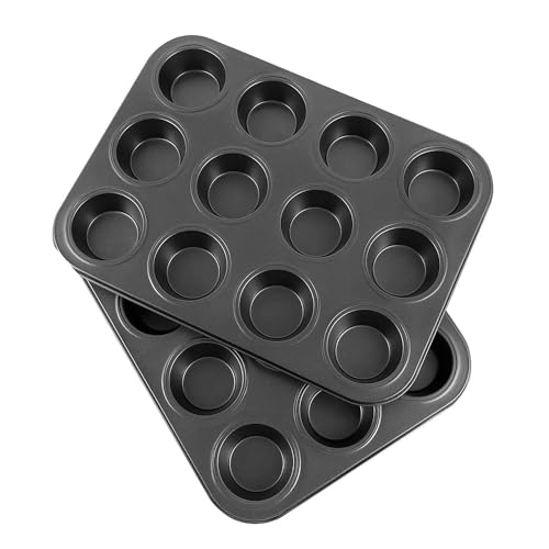 Flexzion Set de 2 Moldes de horno con 12 tazas, Moldes antiadherentes de acero al carbono, Utensilios de cocina para hornear magdalenas, muffins, brownies, Apto para microondas, horno y nevera